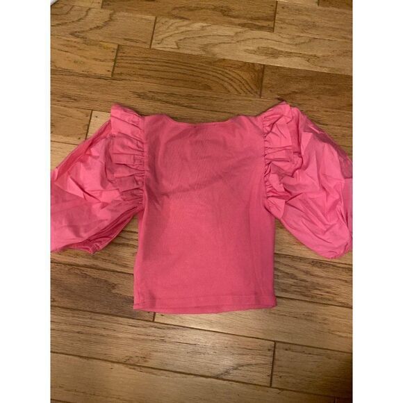 Zara, women's bright pink, puffed short sleeve, cropped low cut cotton top sz sm - Picture 4 of 8